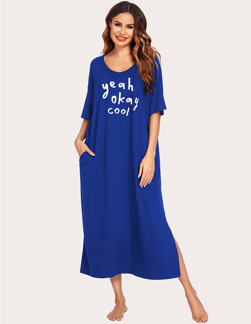 Sky Blue house dress with side slit, scoop neck, short sleeves, “yeah okay cool” graphic