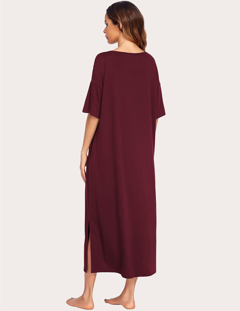 Wine red long house dress, back view, V-neck, short sleeves, side slit