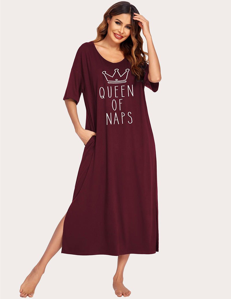 Wine red maxi house dress, 'Queen of Naps' crown and text, side slit