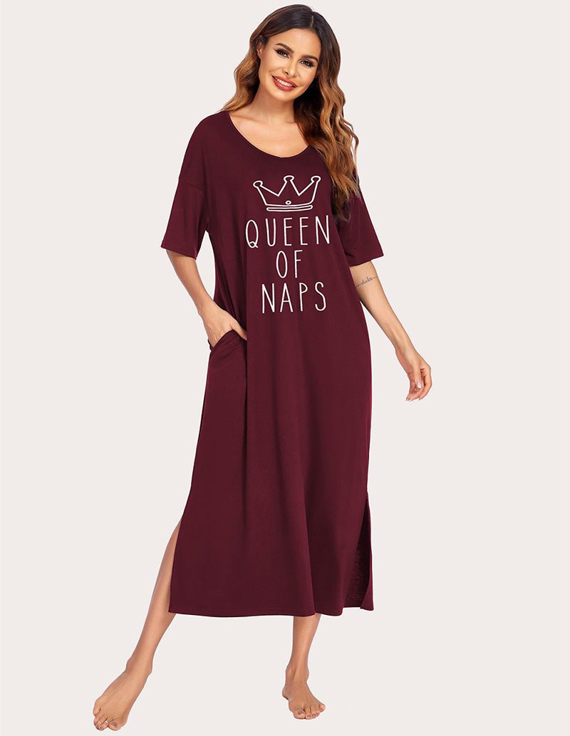 Wine red house dress with 'Queen of Naps' print, V-neck, short sleeves, side slit