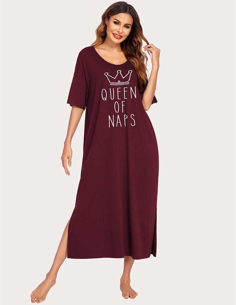 Wine red V-neck house dress with crown and 'Queen of Naps', side slit hem