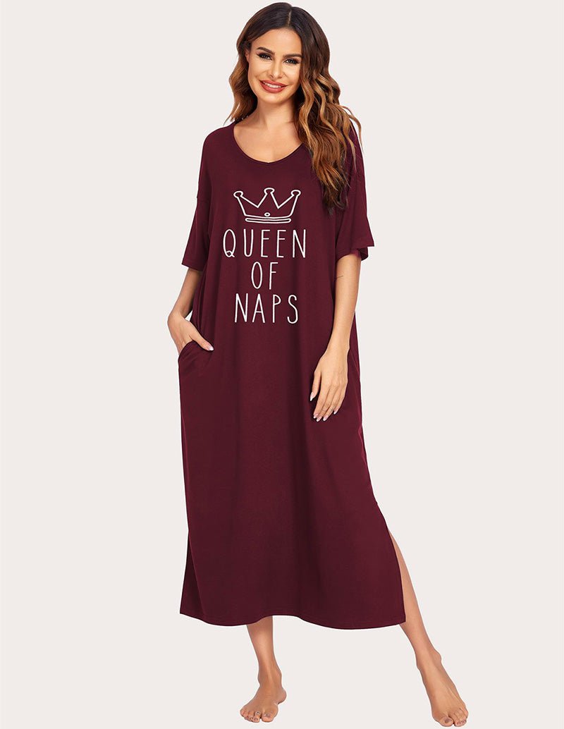 Wine red house dress with 'Queen of Naps' logo, V-neck, short sleeves, side slit