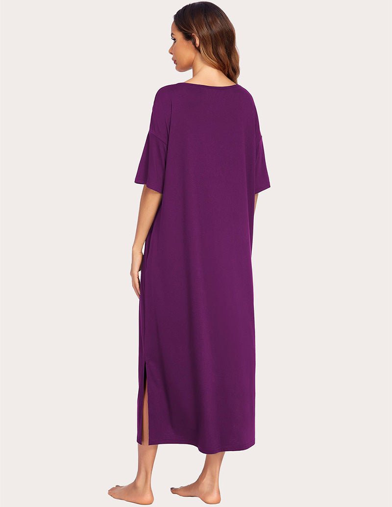 Purple long house dress, back view, V-neck, short sleeves, side slit
