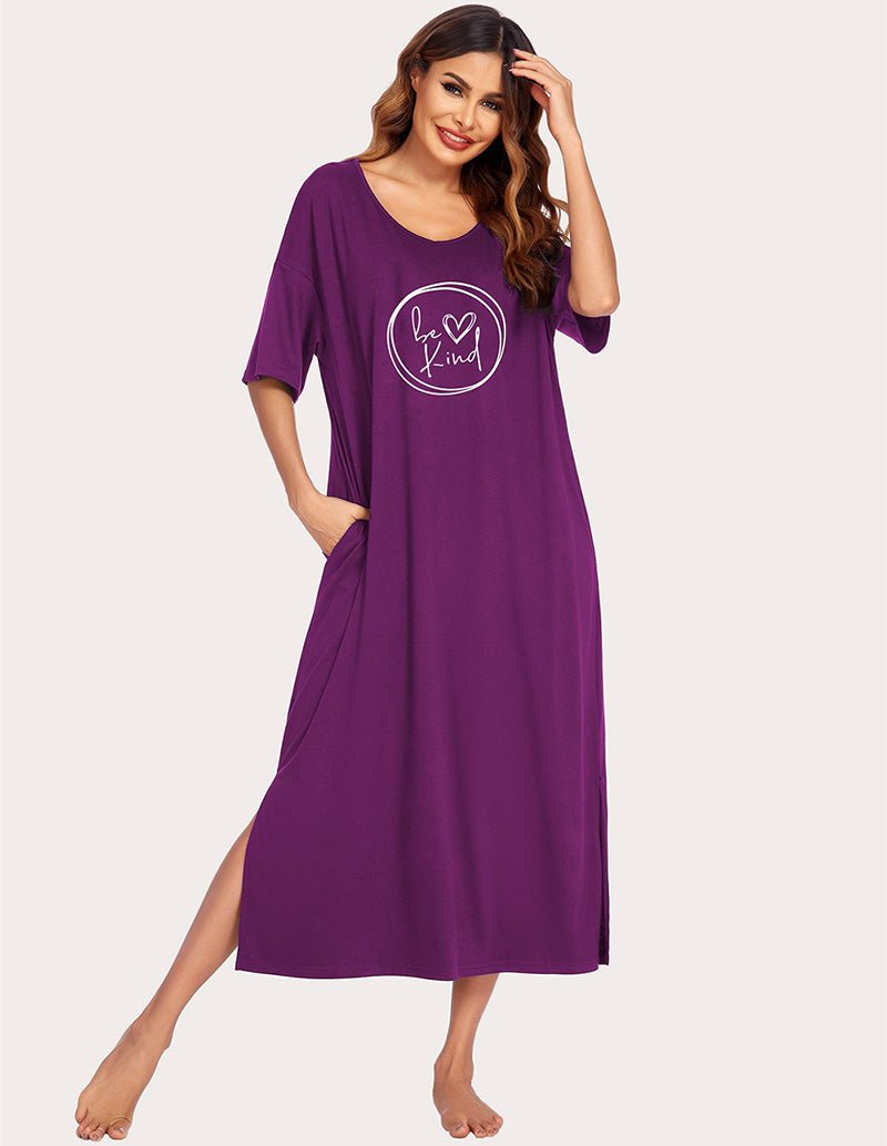 Side-split house dress, purple, V-neck, side slit, 'be kind' logo print