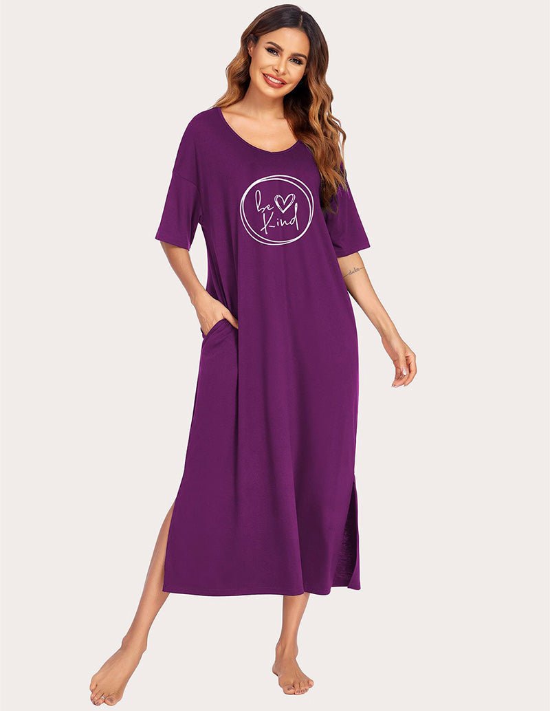 Purple house dress with 'be kind' logo, V-neck, short sleeves, side slit