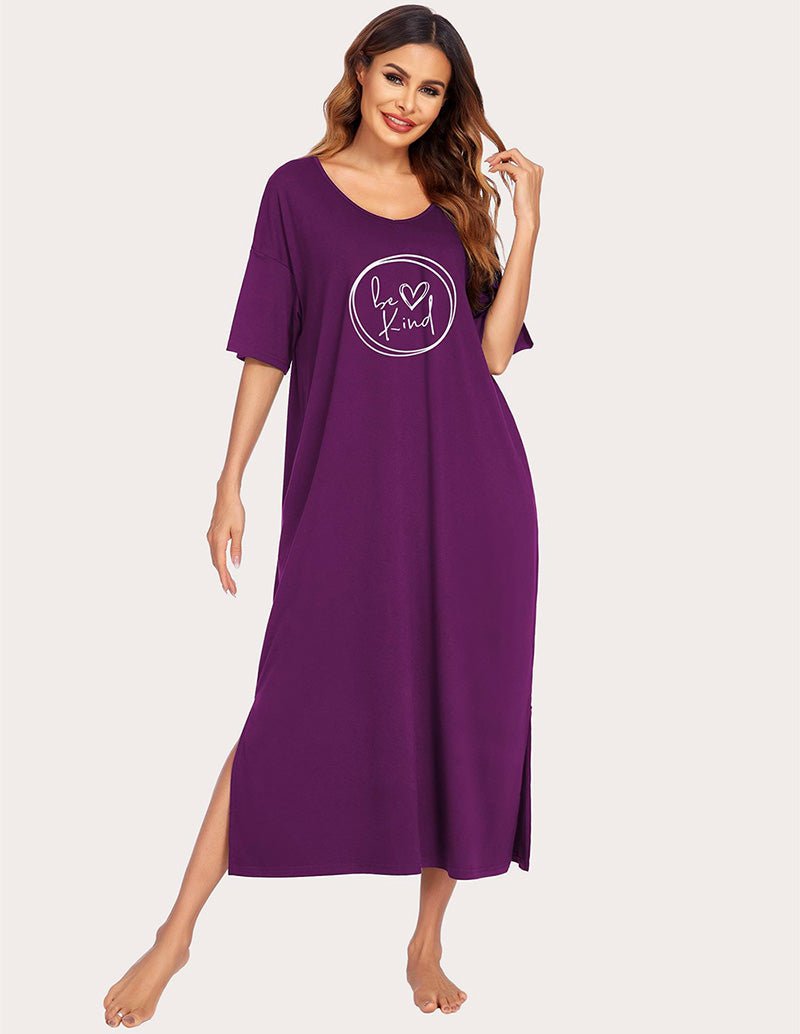 Purple maxi house dress, be kind logo, V-neck, side slit hem