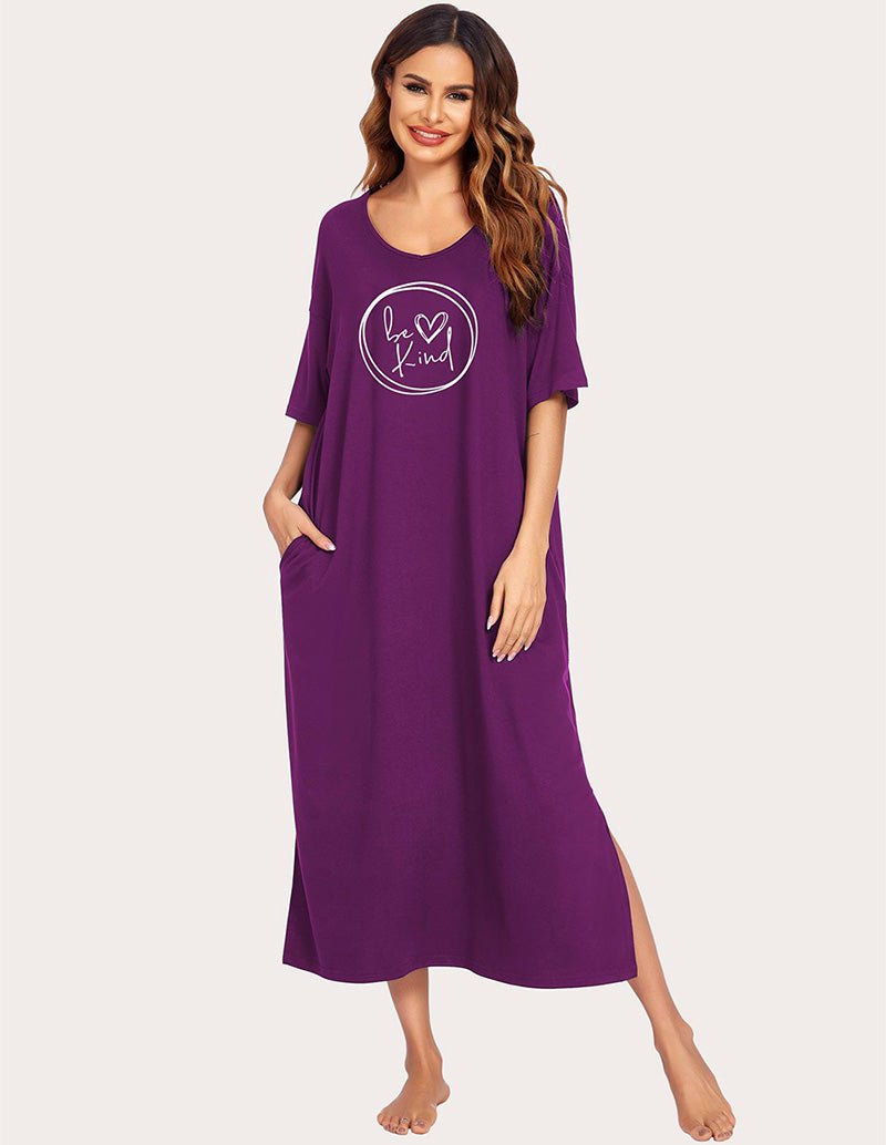Purple V-neck house dress with be kind logo, short sleeves, side slit