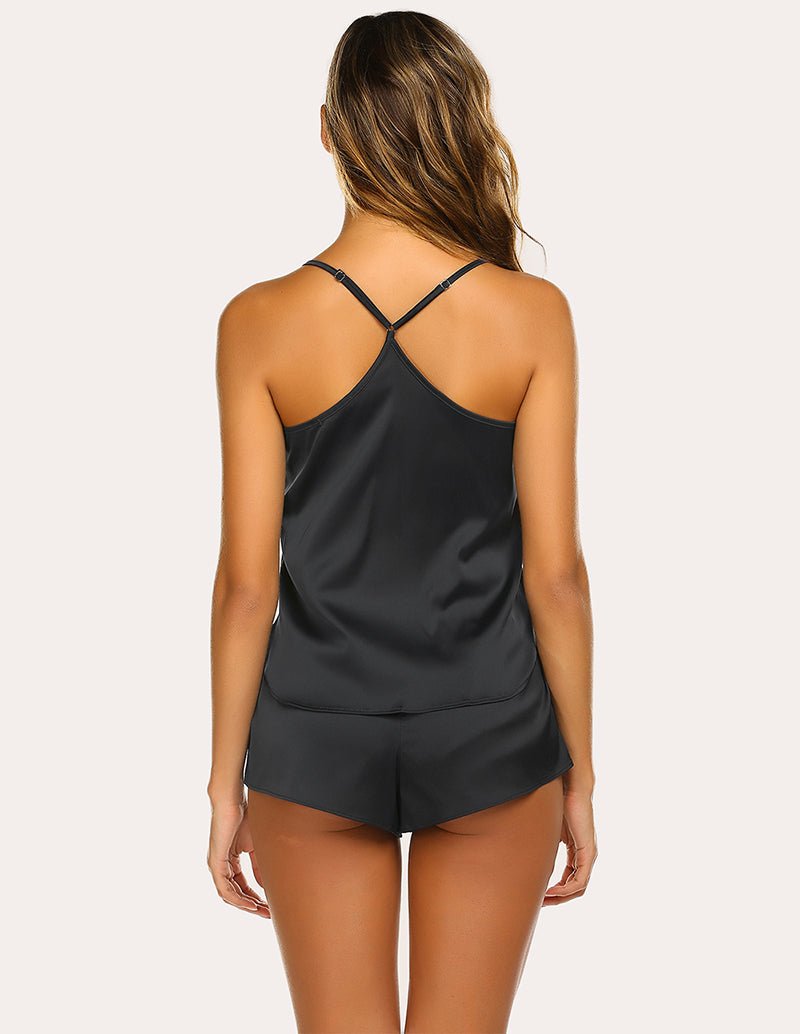 Silk cami and shorts set, black, crisscross back straps and elastic-waist shorts
