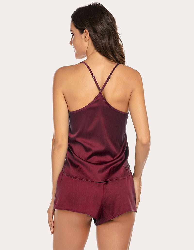 Wine red satin cami with crisscross back straps and matching elastic-waist shorts
