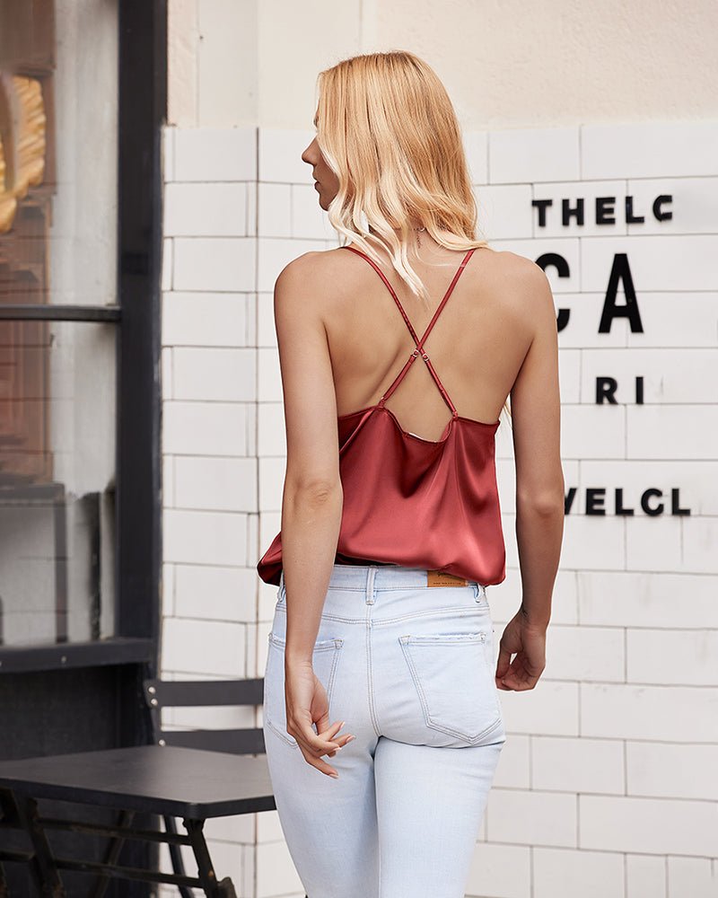Wine red satin camisole tank with crisscross back straps and cowl neckline