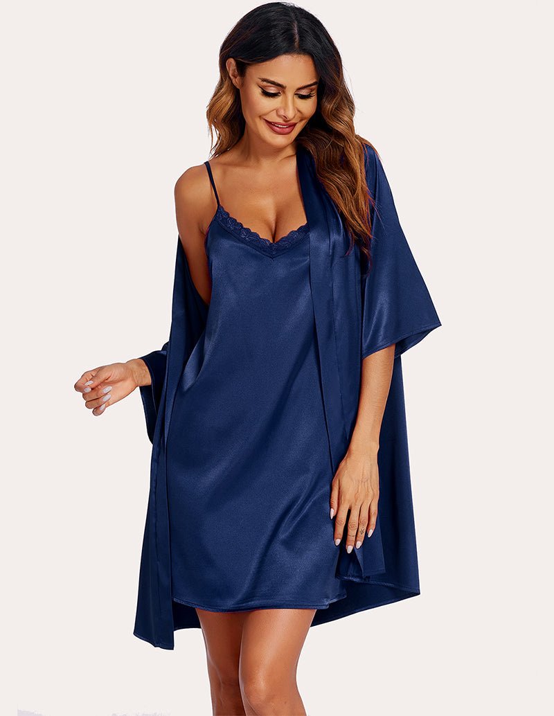 Navy satin camisole nightdress with lace-trim V-neck and matching robe