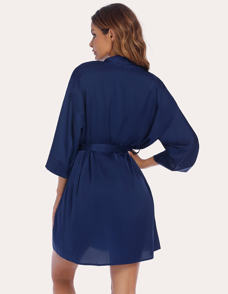 Navy satin robe set back view: belted robe with cami and shorts