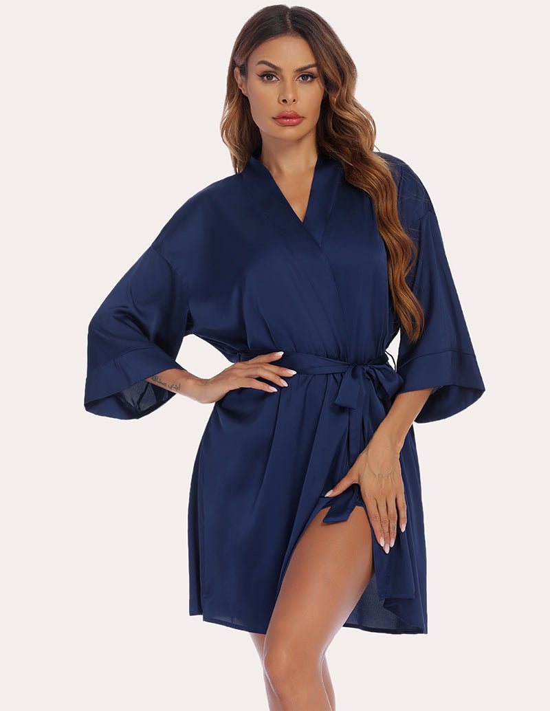 Navy satin robe set: V-neck cami, belt robe and shorts
