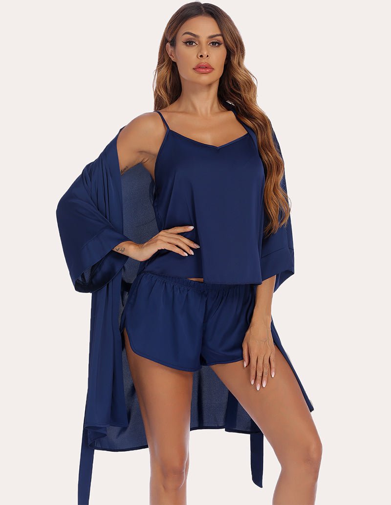 Navy silk satin cami and shorts set with long robe wrap over shoulder