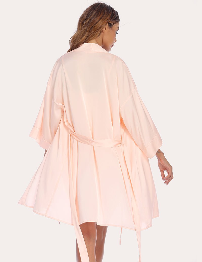 Light pink silk satin robe, back view with tie belt and matching shorts