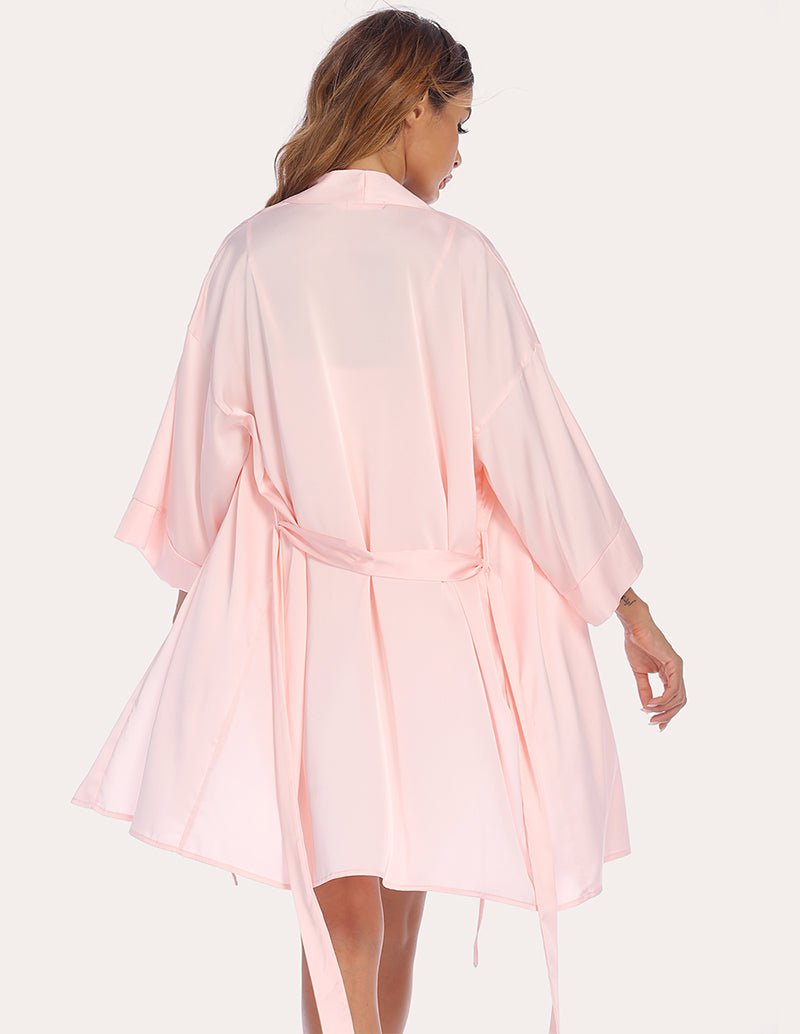 Pastel peach silk cami, shorts & robe with waist tie; back view