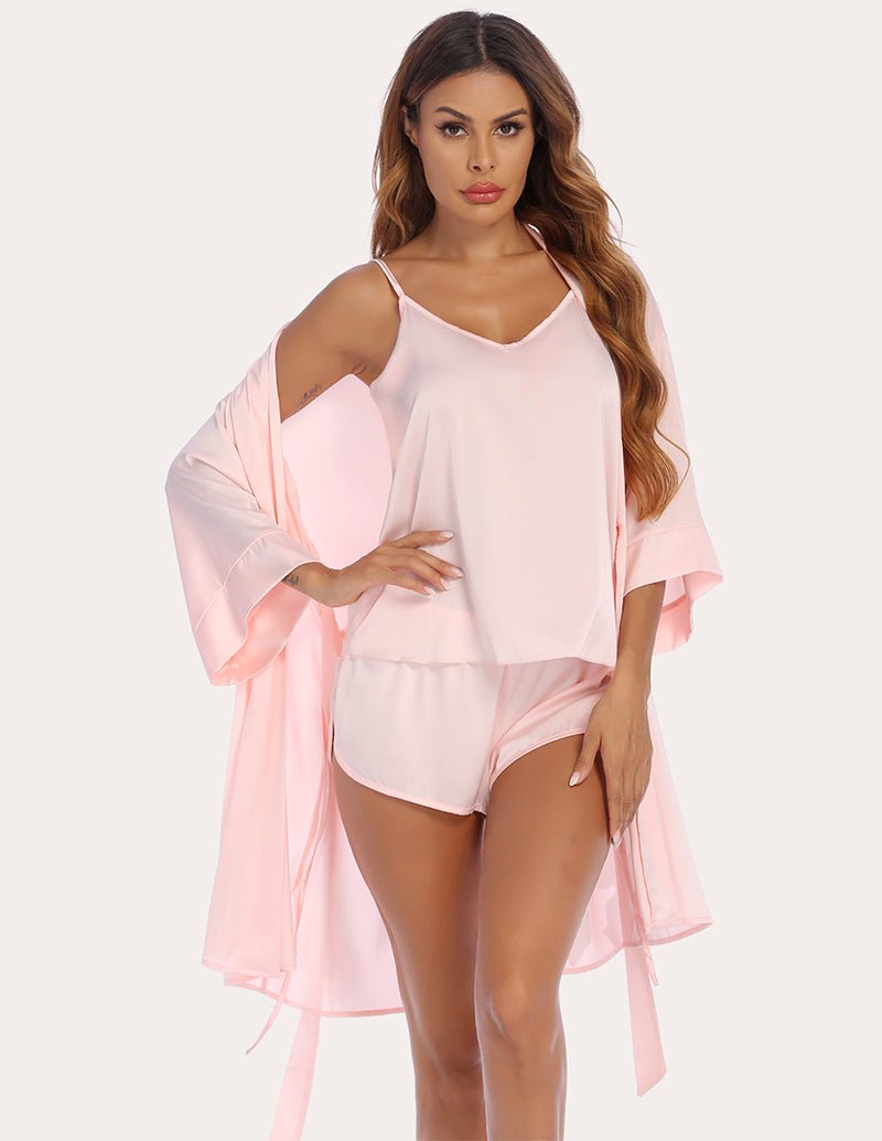Pastel peach silk cami and shorts with robe, V-neck, waist tie; standing front
