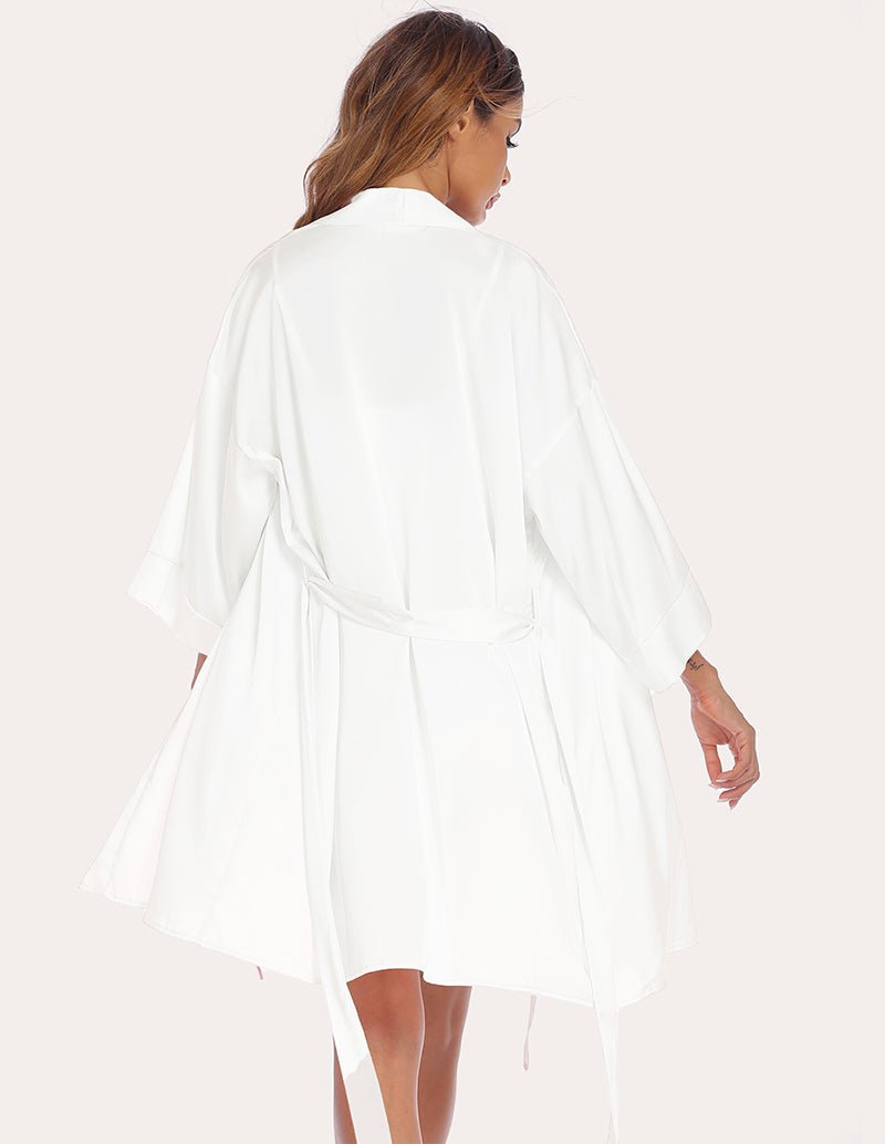 White silk cami, shorts & robe with waist tie; back view, draped sleeves