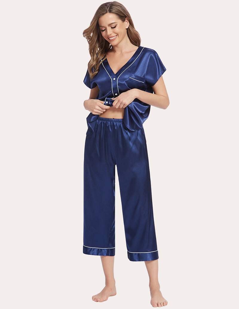 Navy blue pajama set, button-front satin top with chest pocket and elastic waist cropped pants