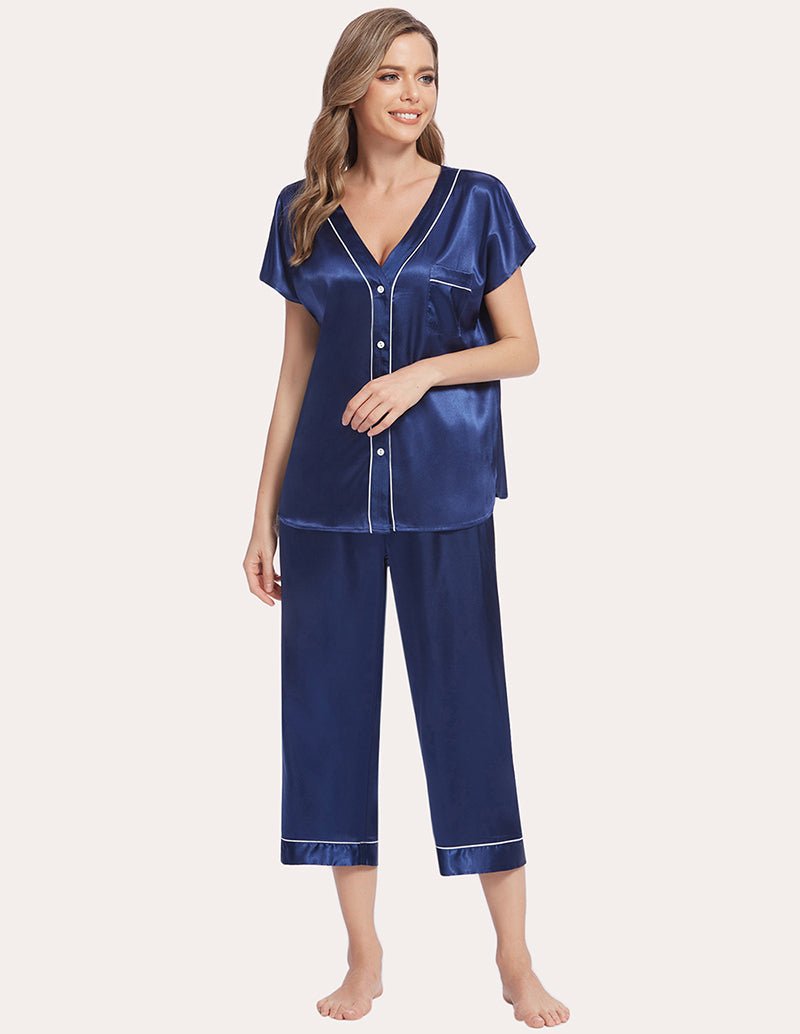 Navy blue satin pajama set, short-sleeve blouse with button placket and capri-length bottoms