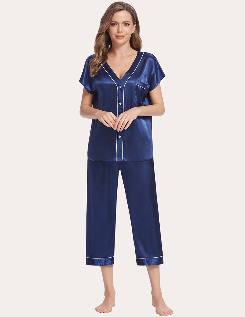 Navy blue silk satin pajama set, V-neck button top with chest pocket, capri pants