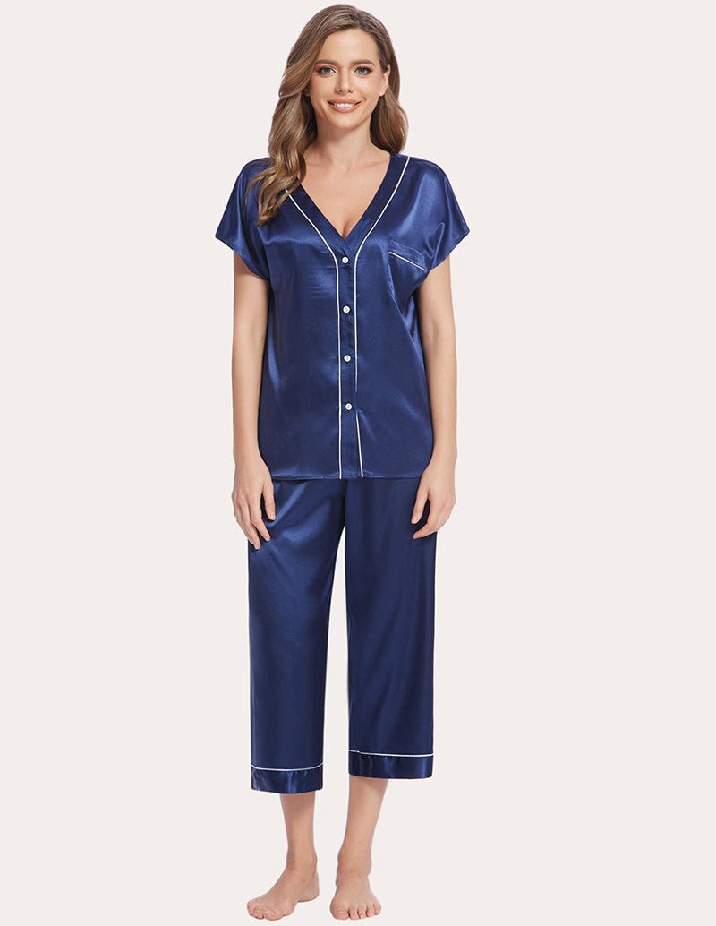 Silk satin pajama set in navy blue, V-neck button front top and cropped pants