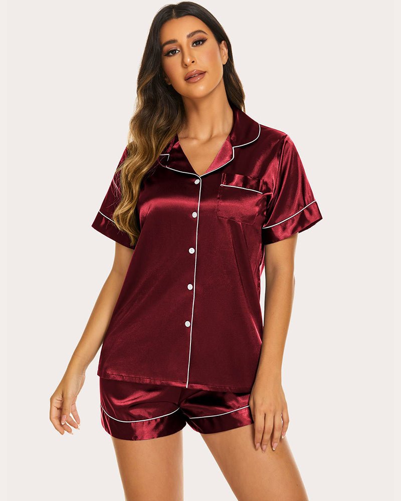 Burgundy silk pajama set with contrast trim: short-sleeve button shirt and matching elastic waist shorts