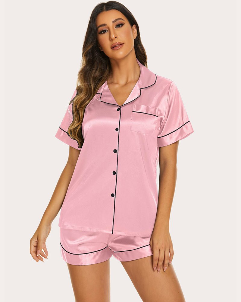 Pink satin short-sleeve pajama set with V-style collar, button front, and matching shorts