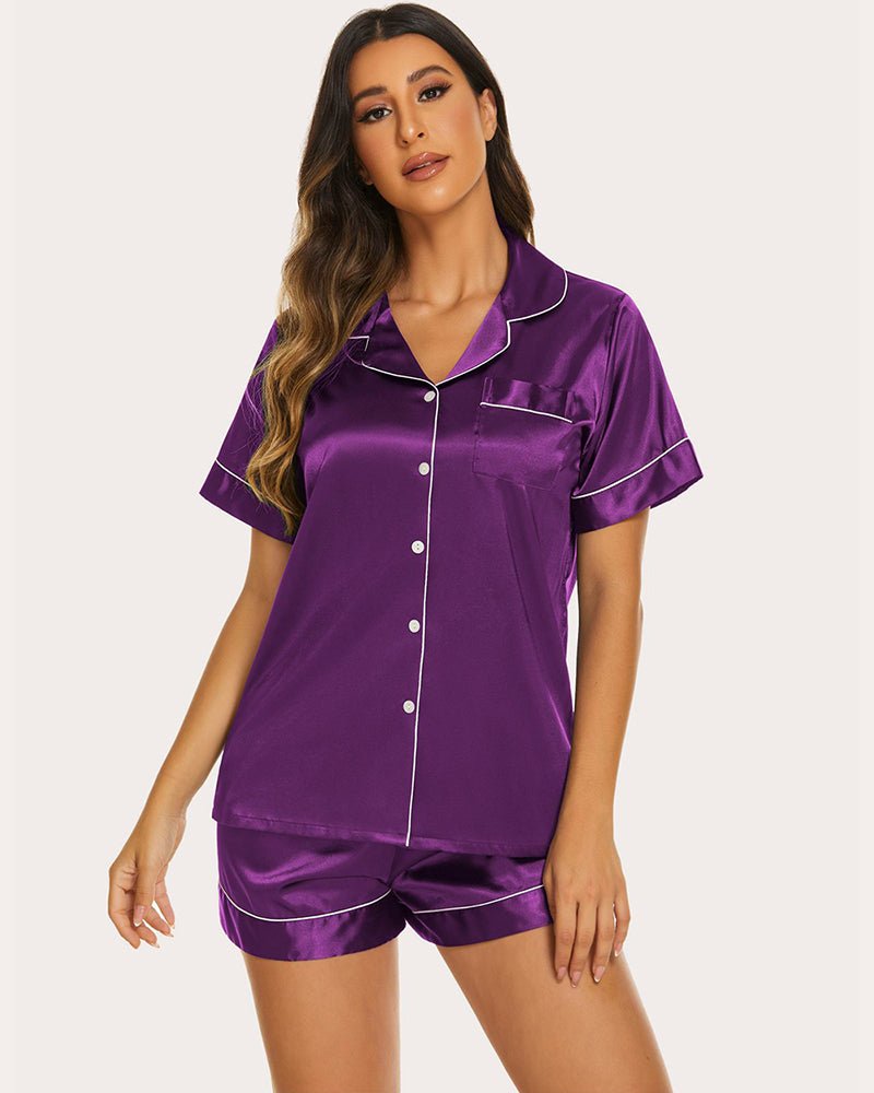 Purple silk short-sleeve pajama set with contrast piping: button-front top and elastic waist shorts