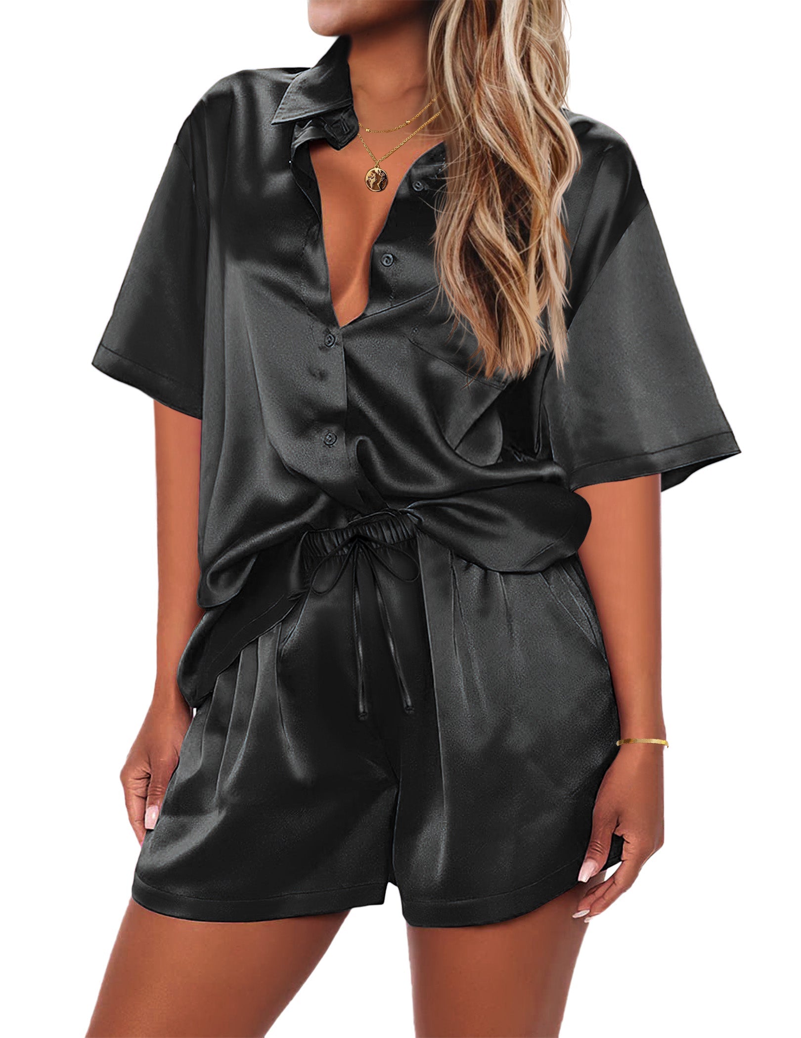 Black short-sleeve button shirt and matching drawstring lounge shorts 2-piece set