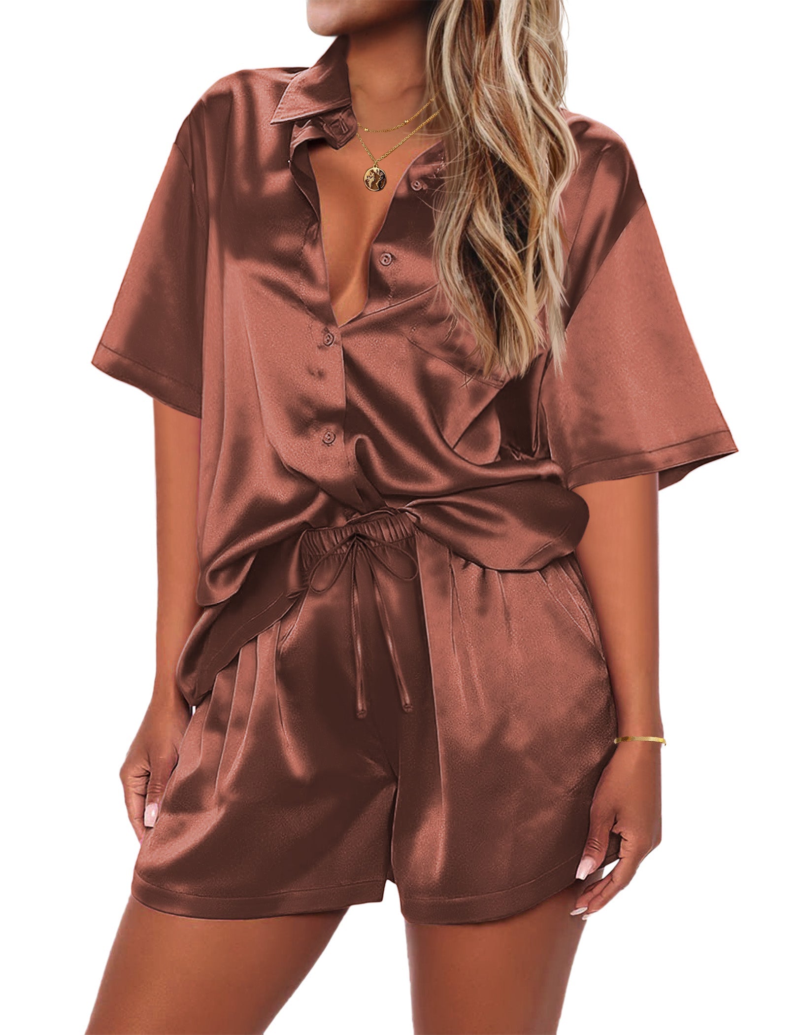 Brown short-sleeve button shirt and matching drawstring lounge shorts 2-piece set