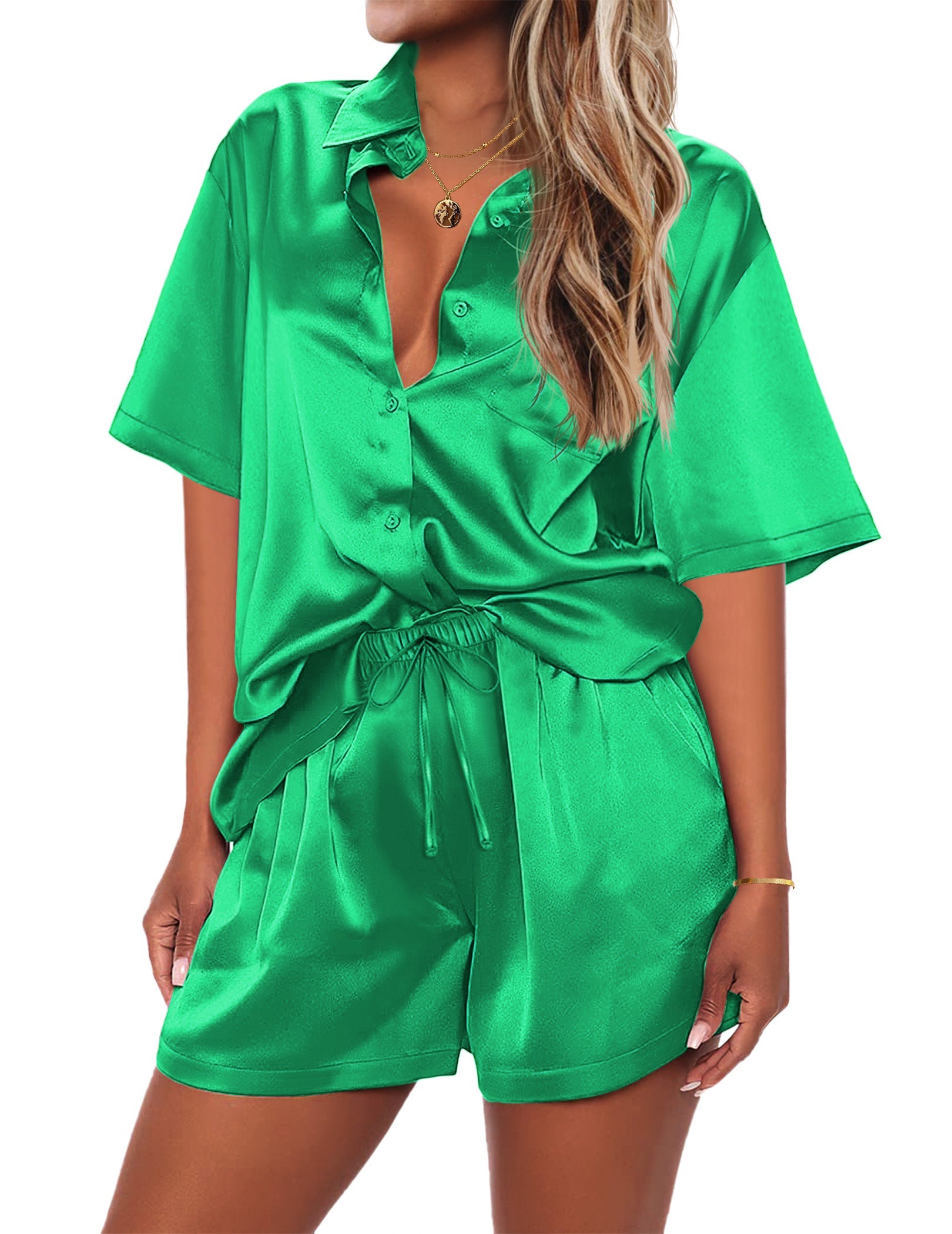 Green short-sleeve button shirt and matching drawstring lounge shorts 2-piece set