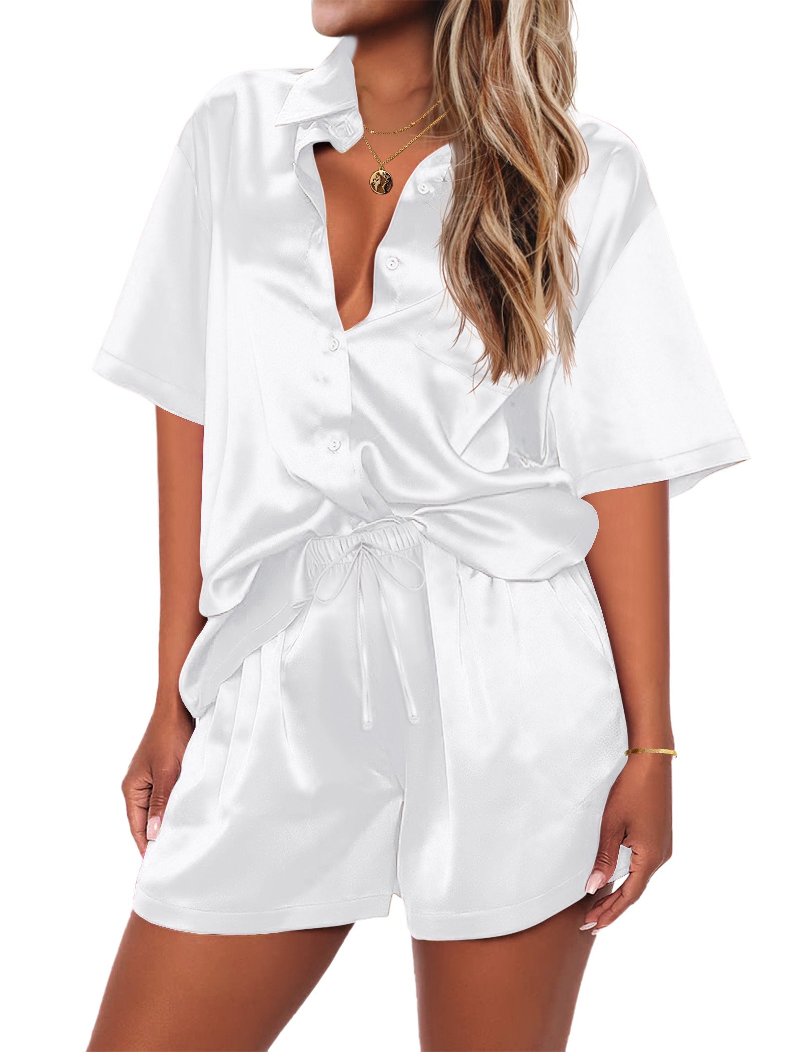 White short-sleeve button shirt and matching drawstring lounge shorts 2-piece set