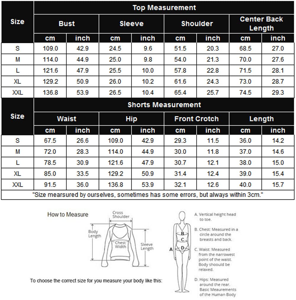 Size chart with top and shorts measurements by size (bust, sleeve, waist, length)