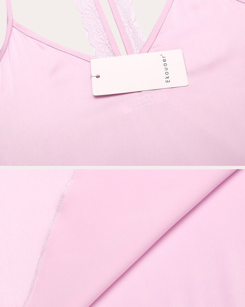 Pink satin chemise fabric with lace trim and brand tag, close-up