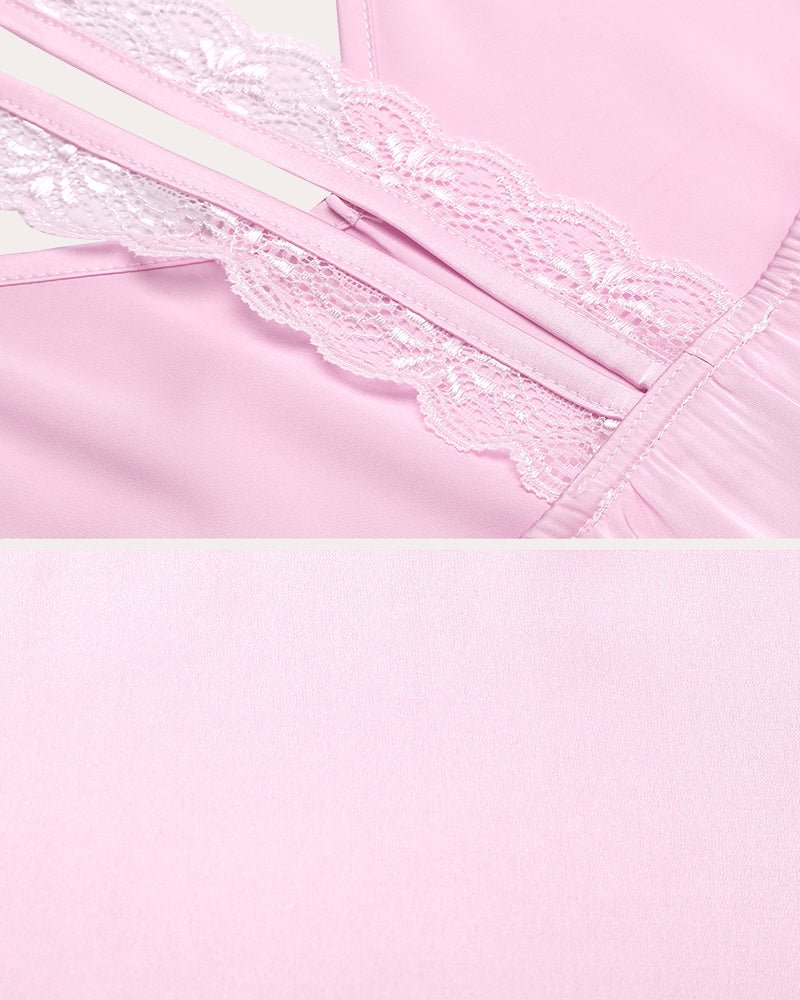 Pink chemise neckline and lace-trim detail with adjustable strap, close-up