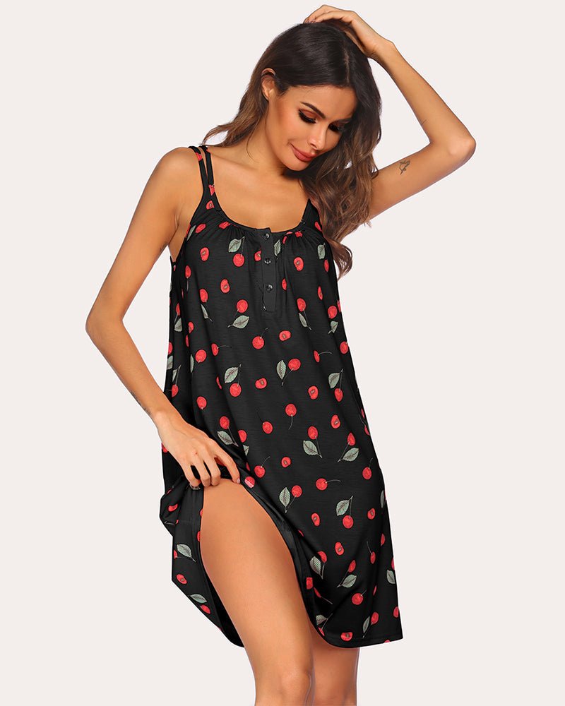 Black printed sleepwear nightgown with thin straps, button front and cherry pattern