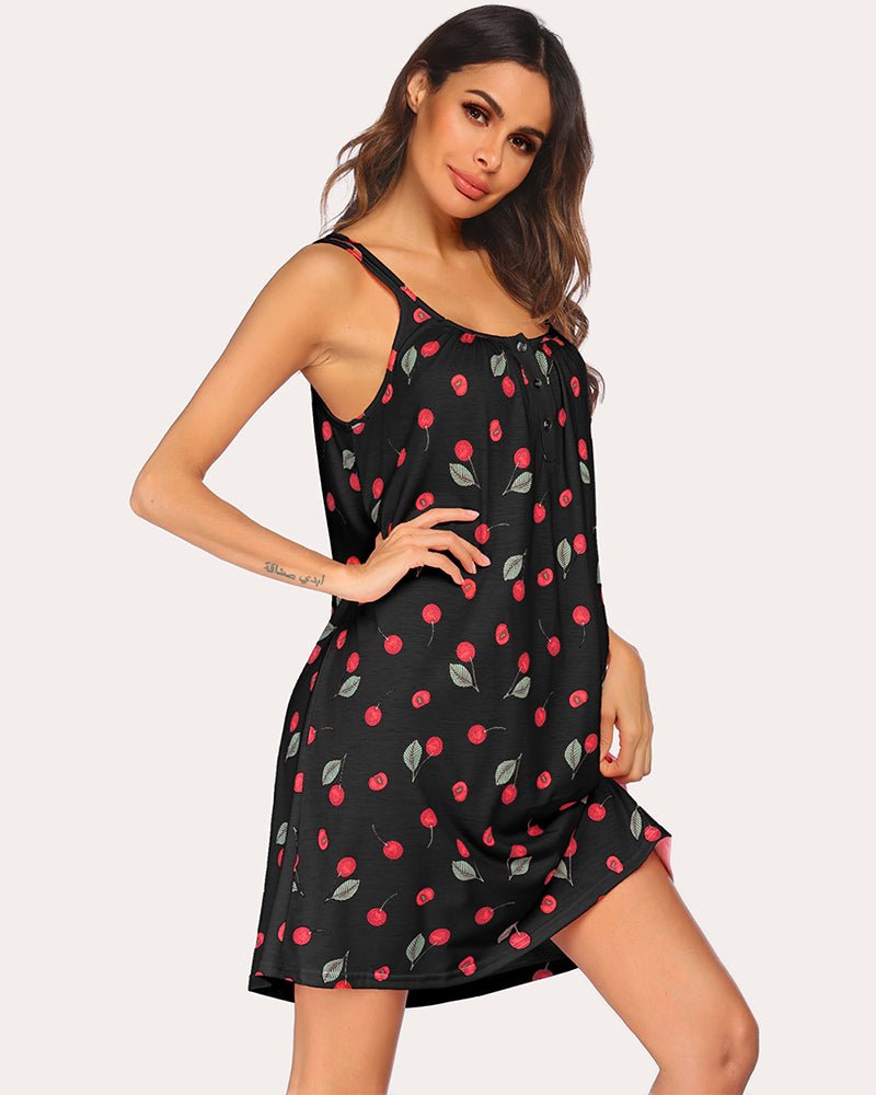 Nightgown slip dress, black with red and pink cherry print, ruffled hem