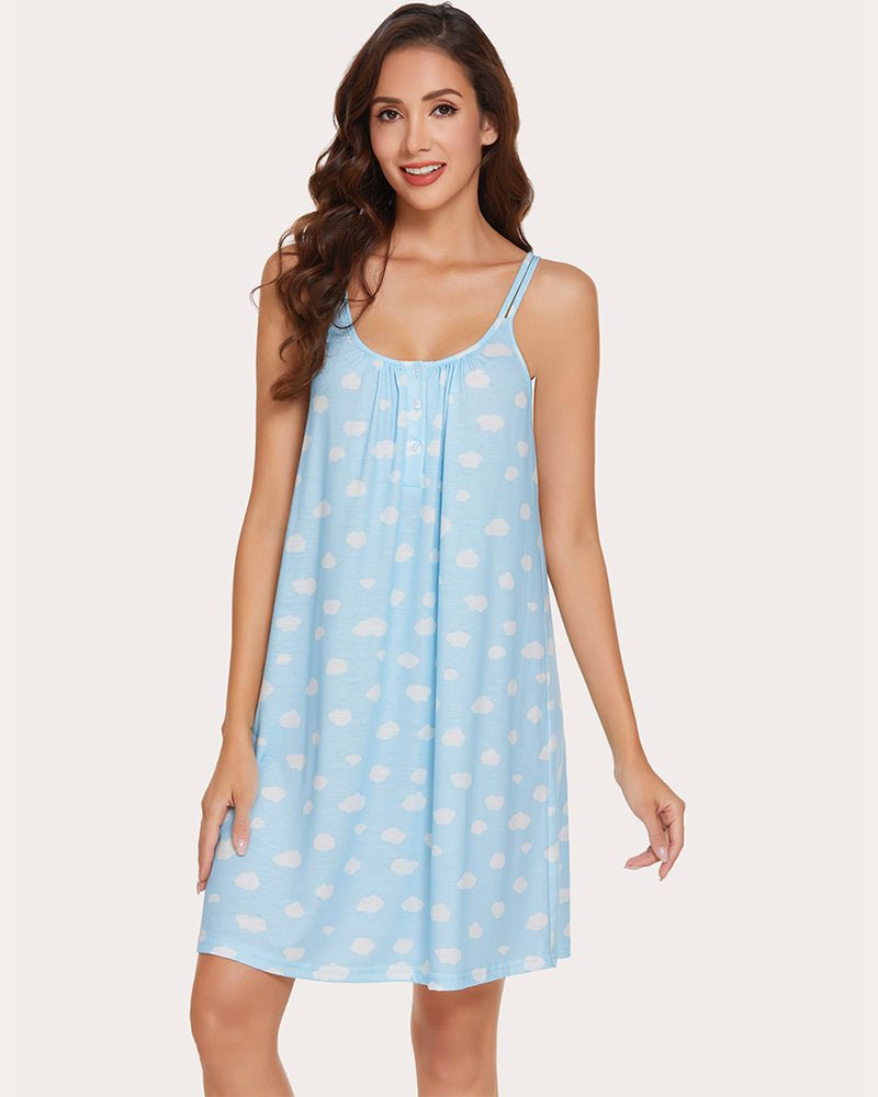 Blue printed sleepwear nightgown with thin straps and button front, relaxed A-line