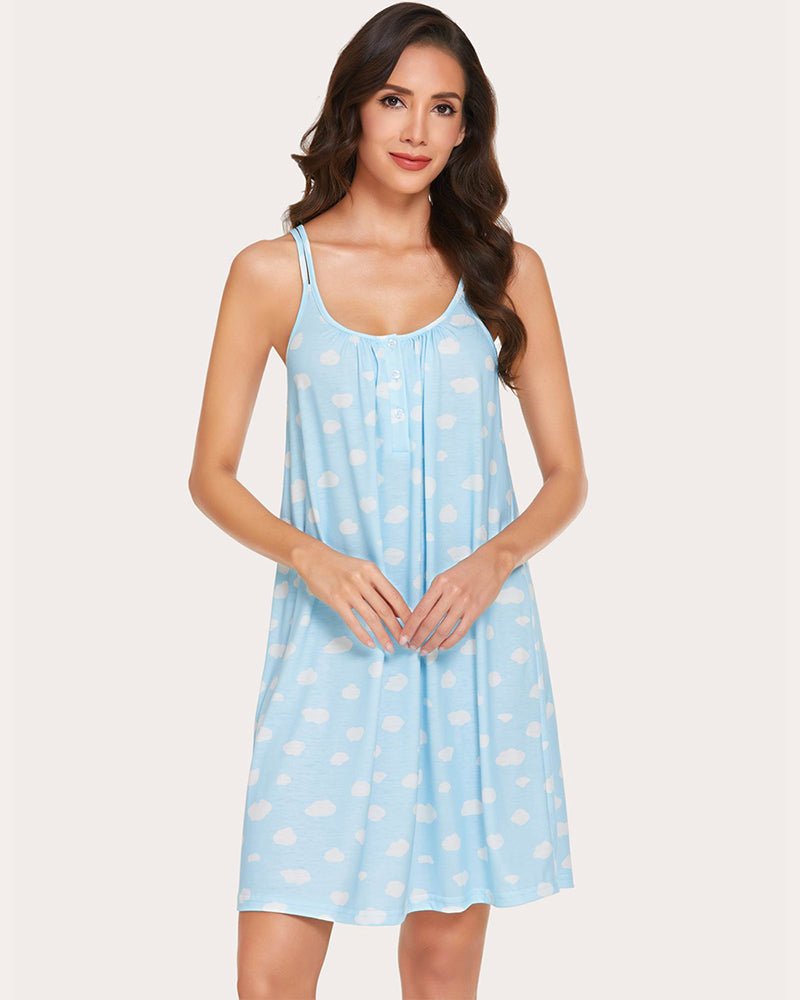 Blue printed sleepwear nightgown with thin straps, button front and all-over dot pattern