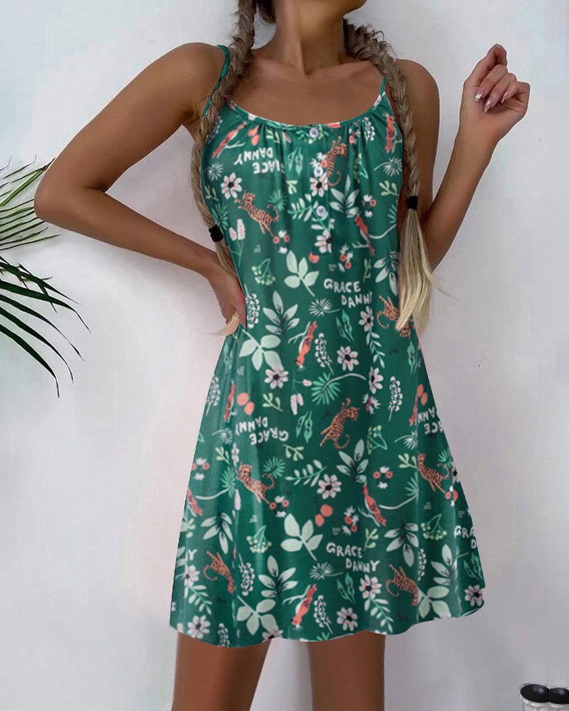 Nightgown slip dress, green floral print with small script text, spaghetti straps