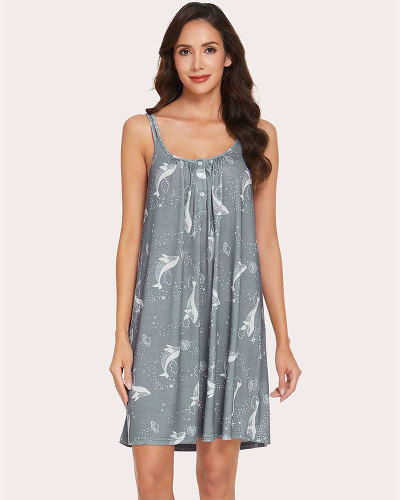 Grey printed sleepwear nightgown with round button neckline, sleeveless and bird motifs