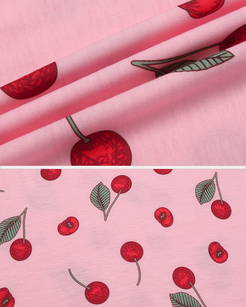 Pink sleepwear nightgown with cherry and leaf print, lightweight fabric texture