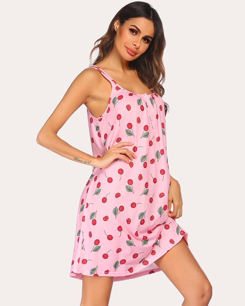 Pink printed sleepwear nightgown with thin straps and button front, side drape