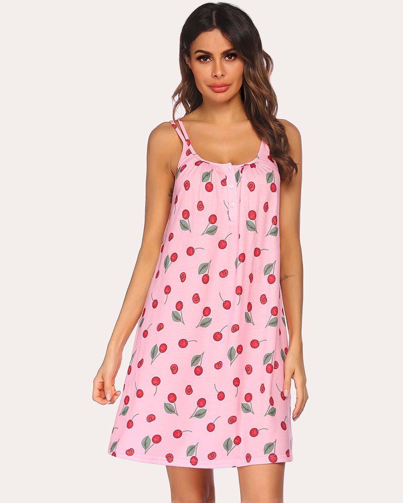 Pink printed sleepwear nightgown with sleeveless square neckline and button front