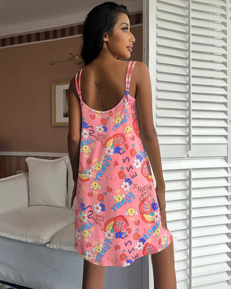 Nightgown slip dress, pink backless style, colorful cartoon print, spaghetti straps