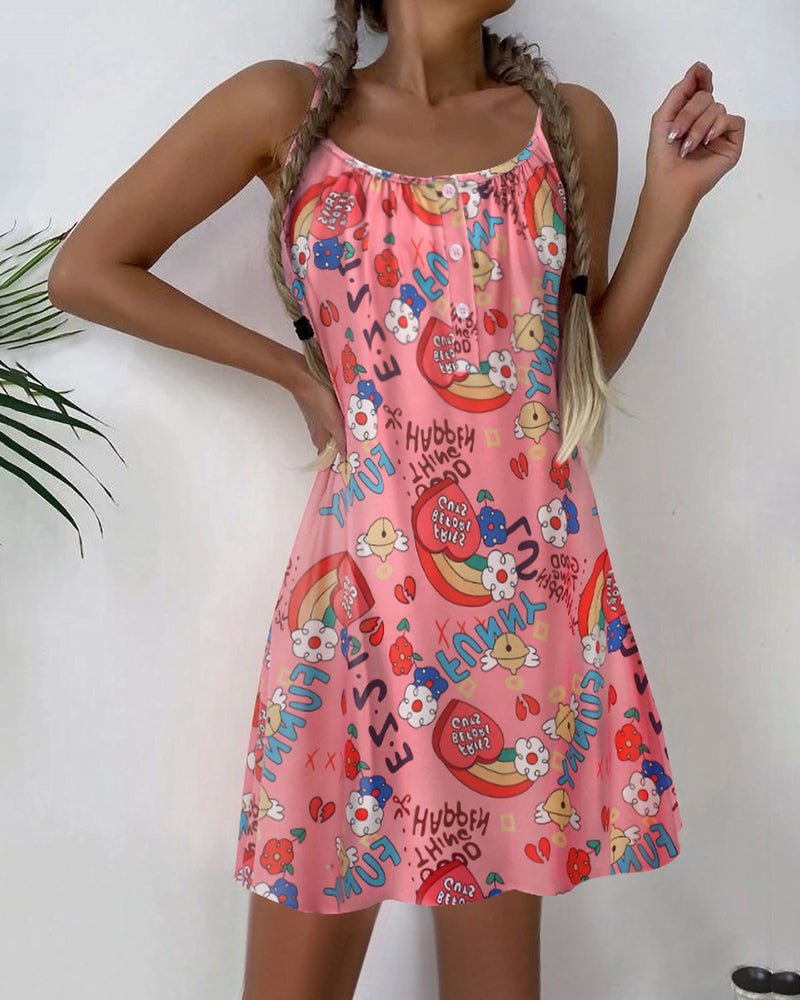 Nightgown slip dress, pink cartoon print with colorful animals, spaghetti straps