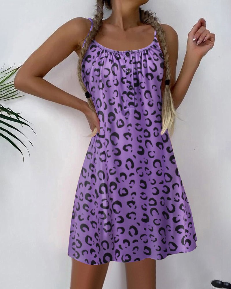 Nightgown slip dress, purple with black leopard print, gathered neckline, spaghetti straps