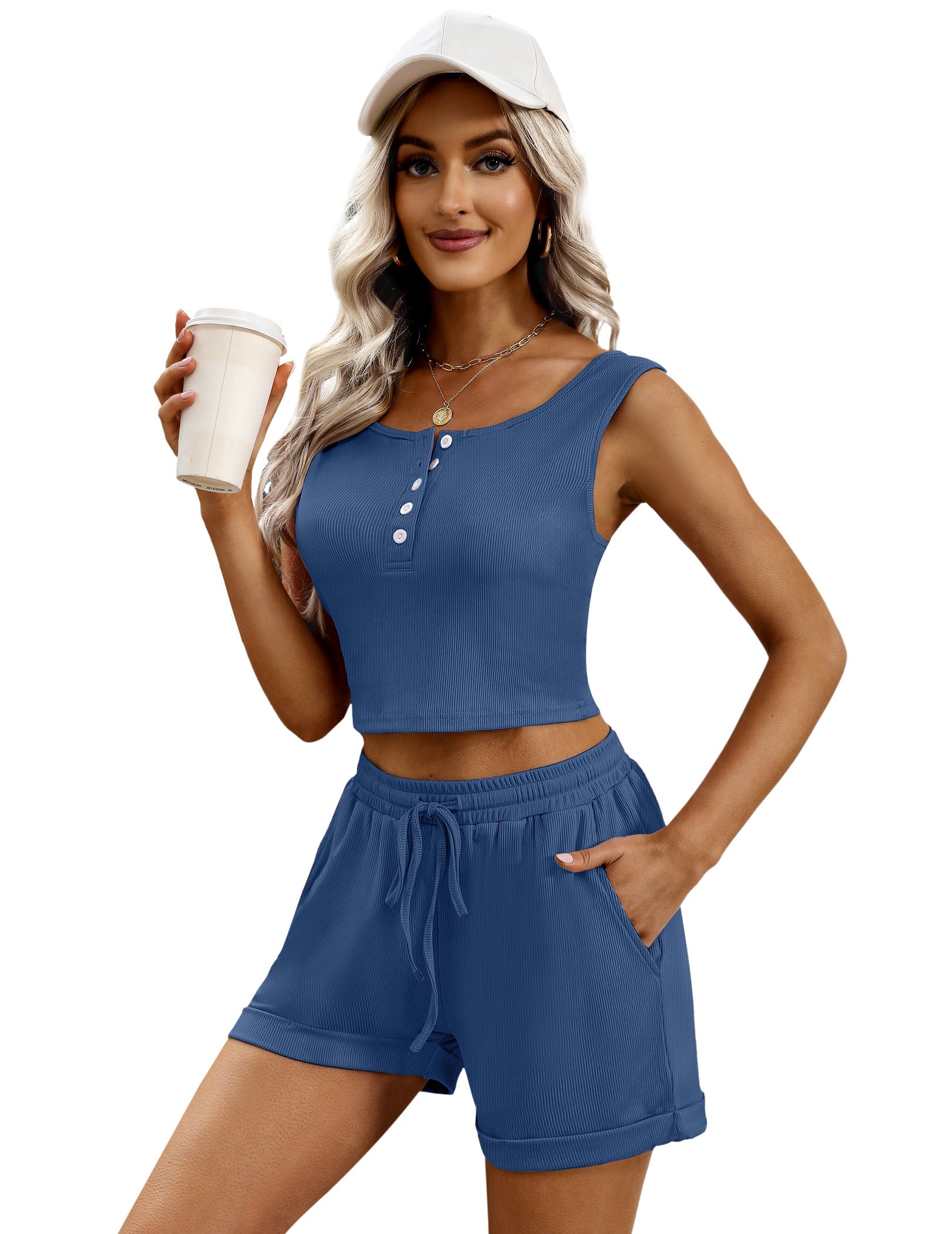 Blue sleeveless pajama set with henley button crop top and drawstring shorts