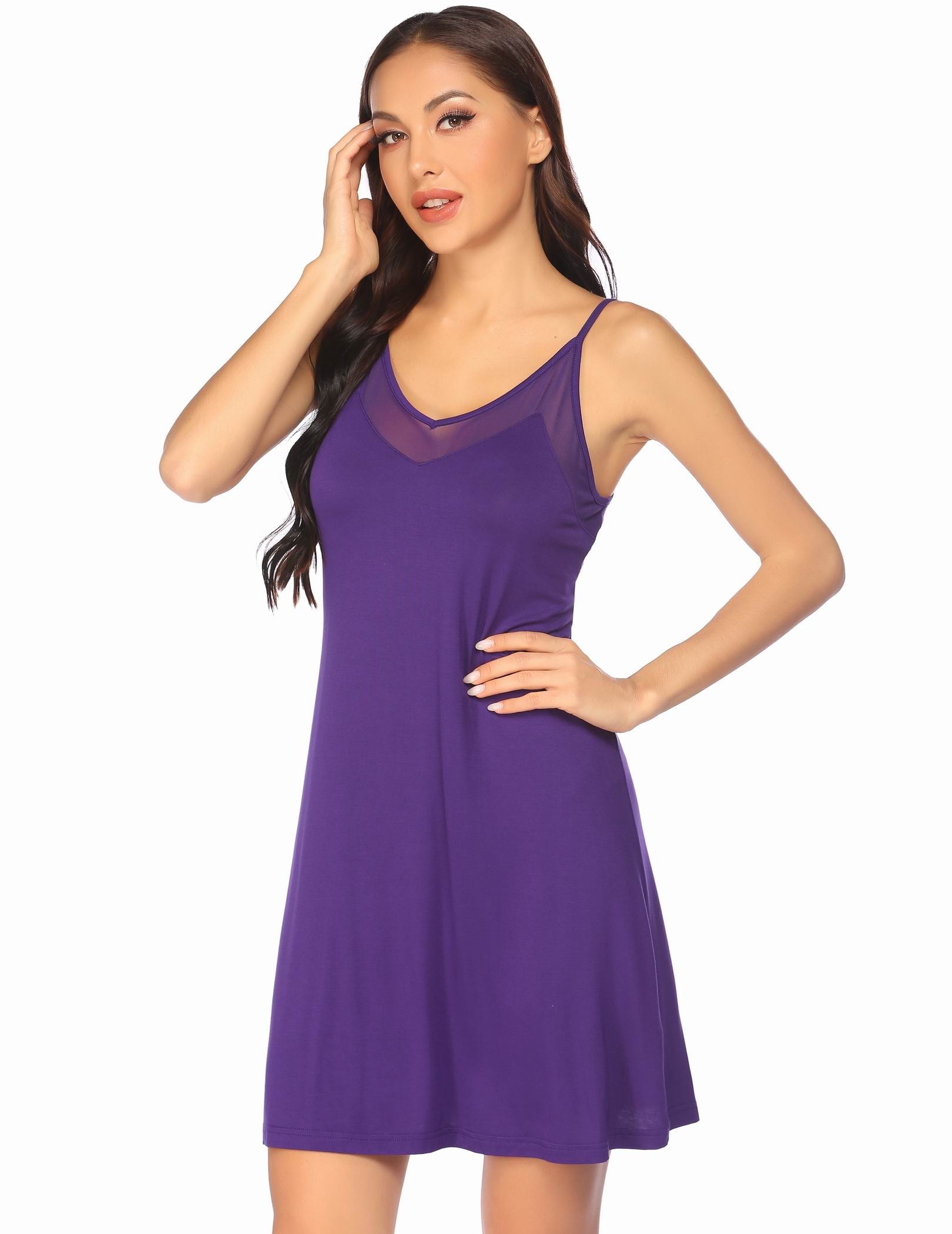 Sleeveless lace V-neck sleepwear dress in purple